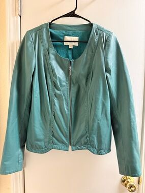 Hinge Nordstrom Genuine Leather Scallop Trim Moto Jacket - Teal